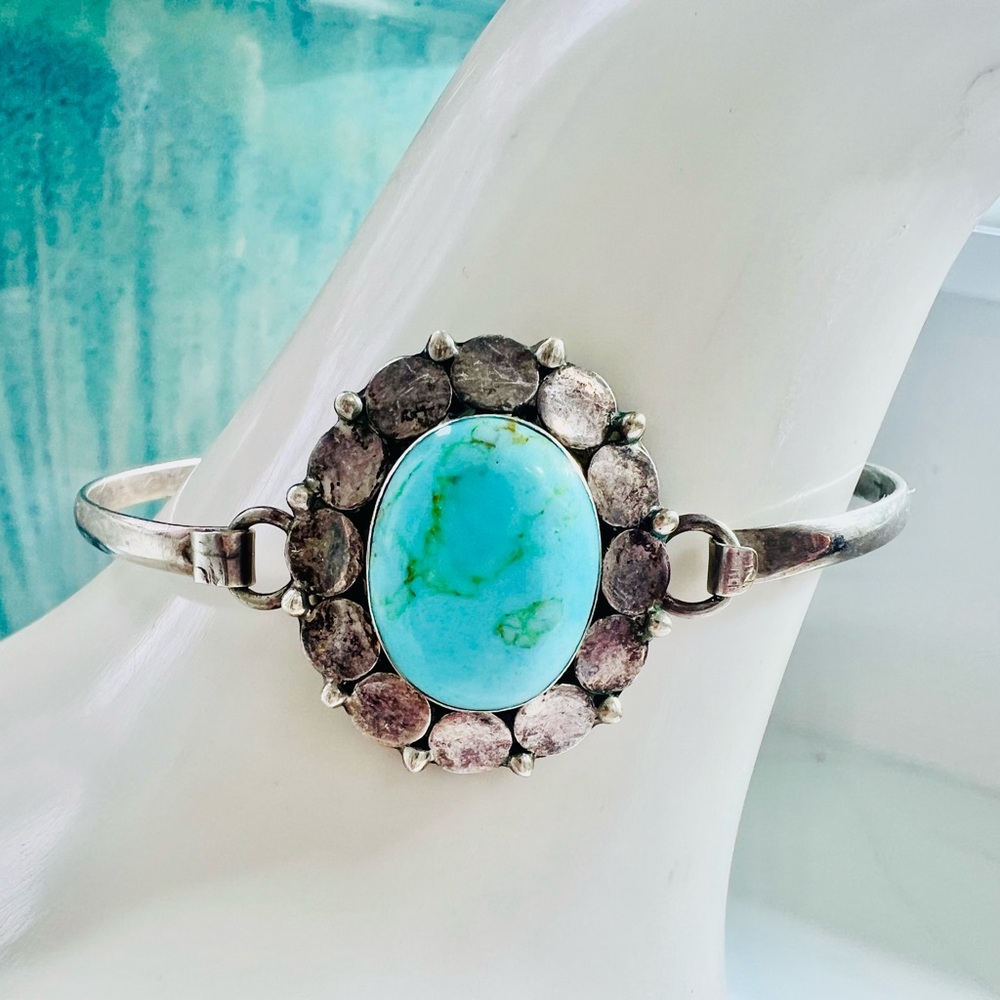 Turquoise Oval Sterling Silver Cuff Bracelet - Bright Blue Turquoise